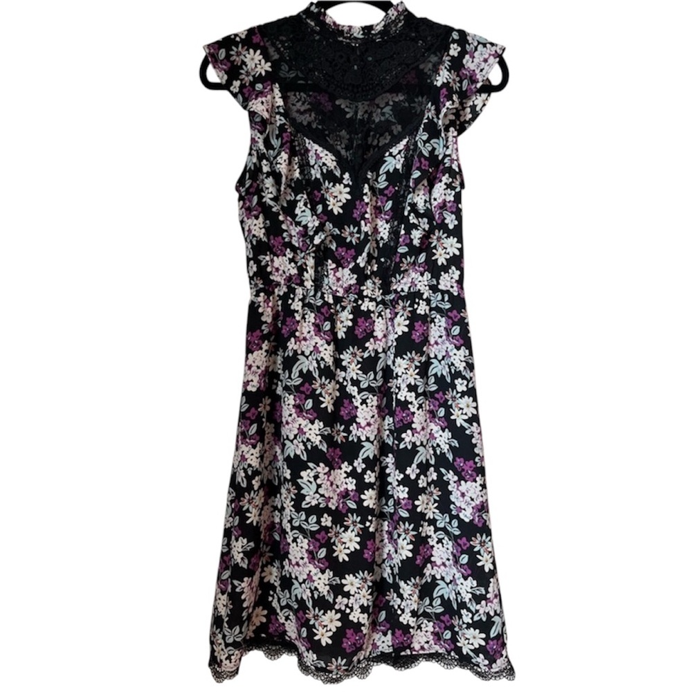 Express Black Lace Floral Slip Dress High Neck Ruffle Sleeve Knee Length